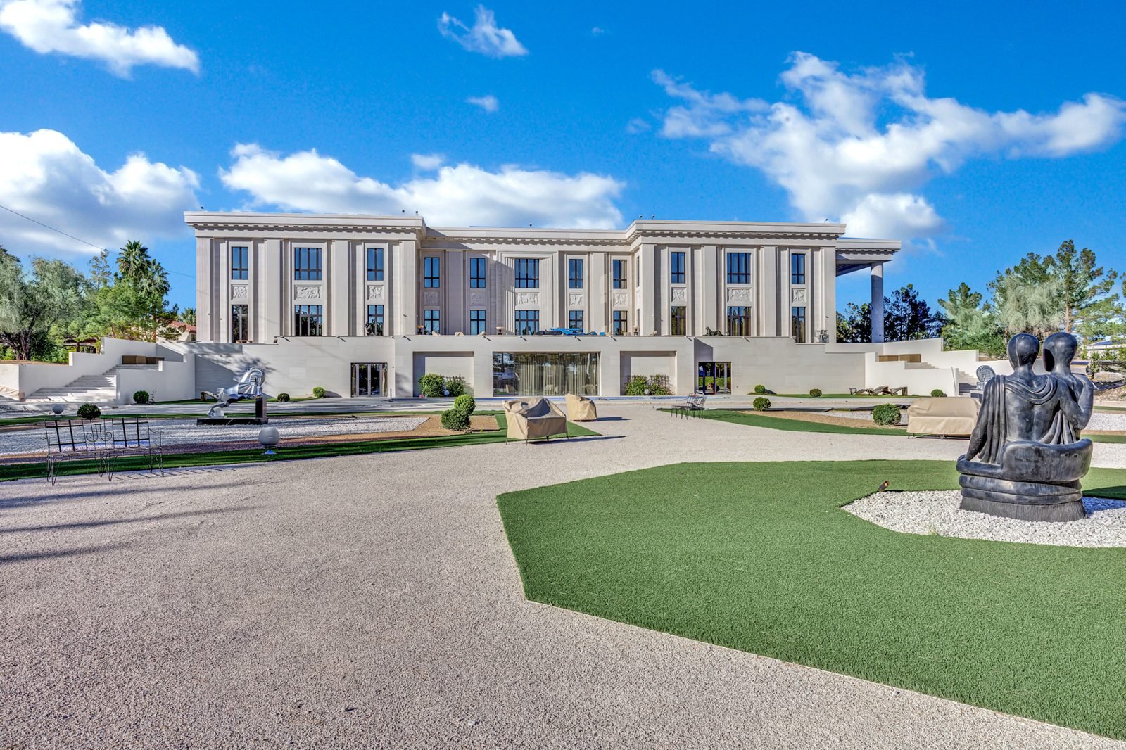 Front facade of the estate with sculpture garden