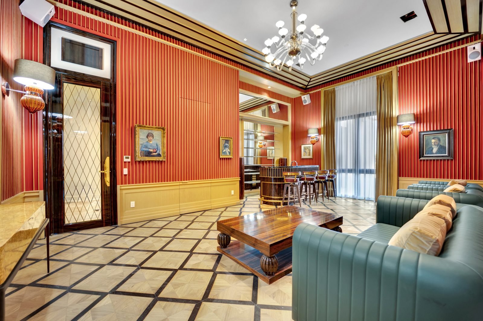 Lounge with red paneled walls and custom seating