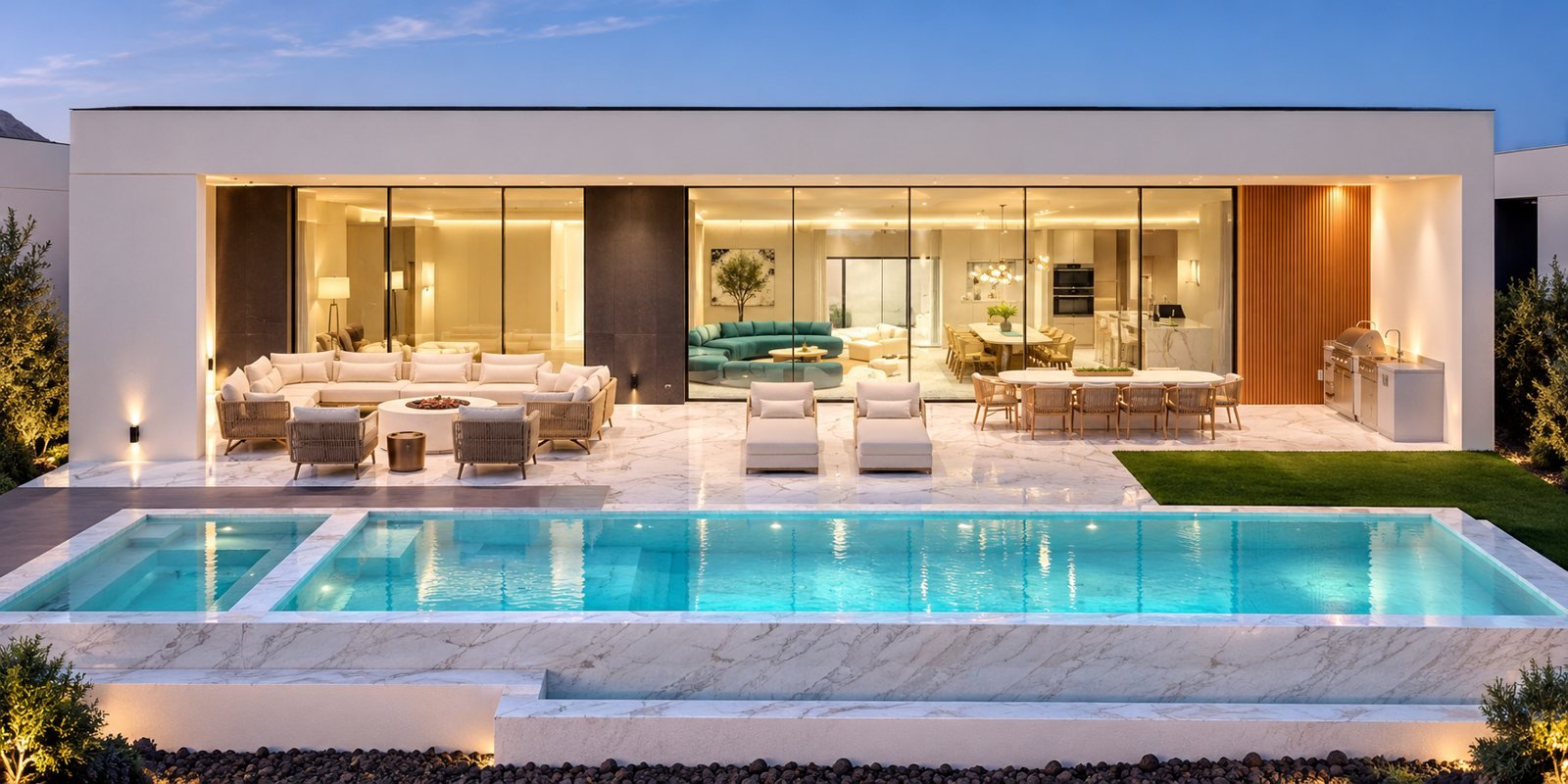 Neo by Livv villa at dusk, with an open living area, stone terrace and pool