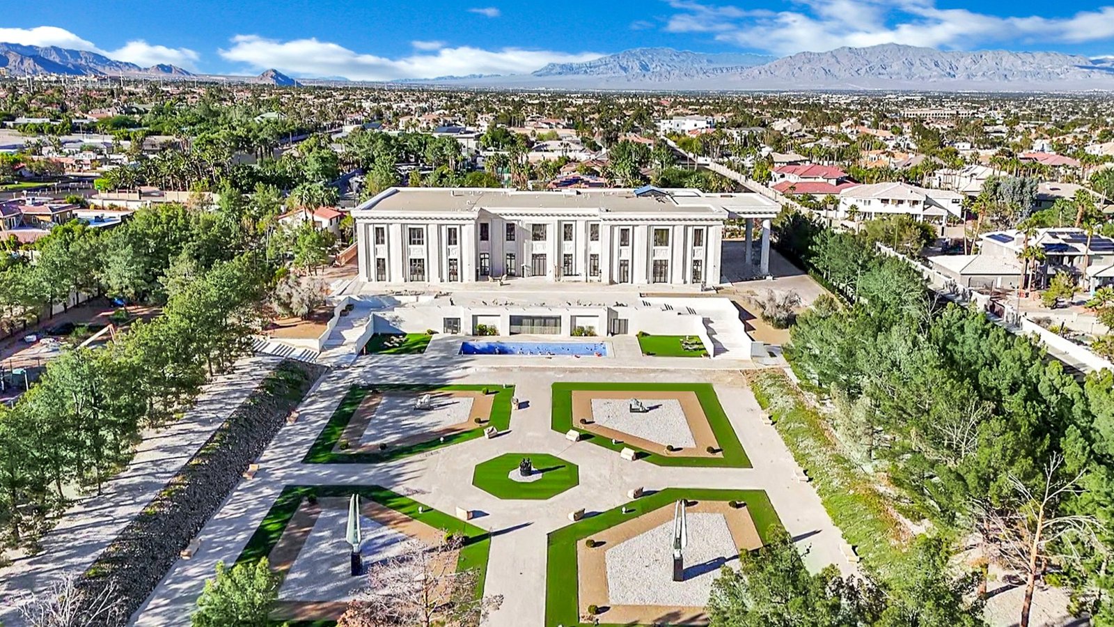 Aerial view of a private estate in Las Vegas with formal gardens